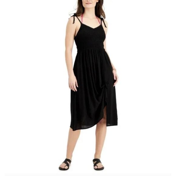 Miken Juniors Smocked Midi Dress Swim Cover-up Black Size M NWT - Picture 1 of 9
